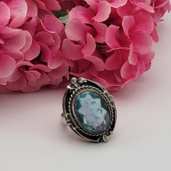 Whiting & Davis Jewelry - Vintage Whiting And Davis BAG Blue Crystal Cocktail Ring Size 7.5 Silver Tone